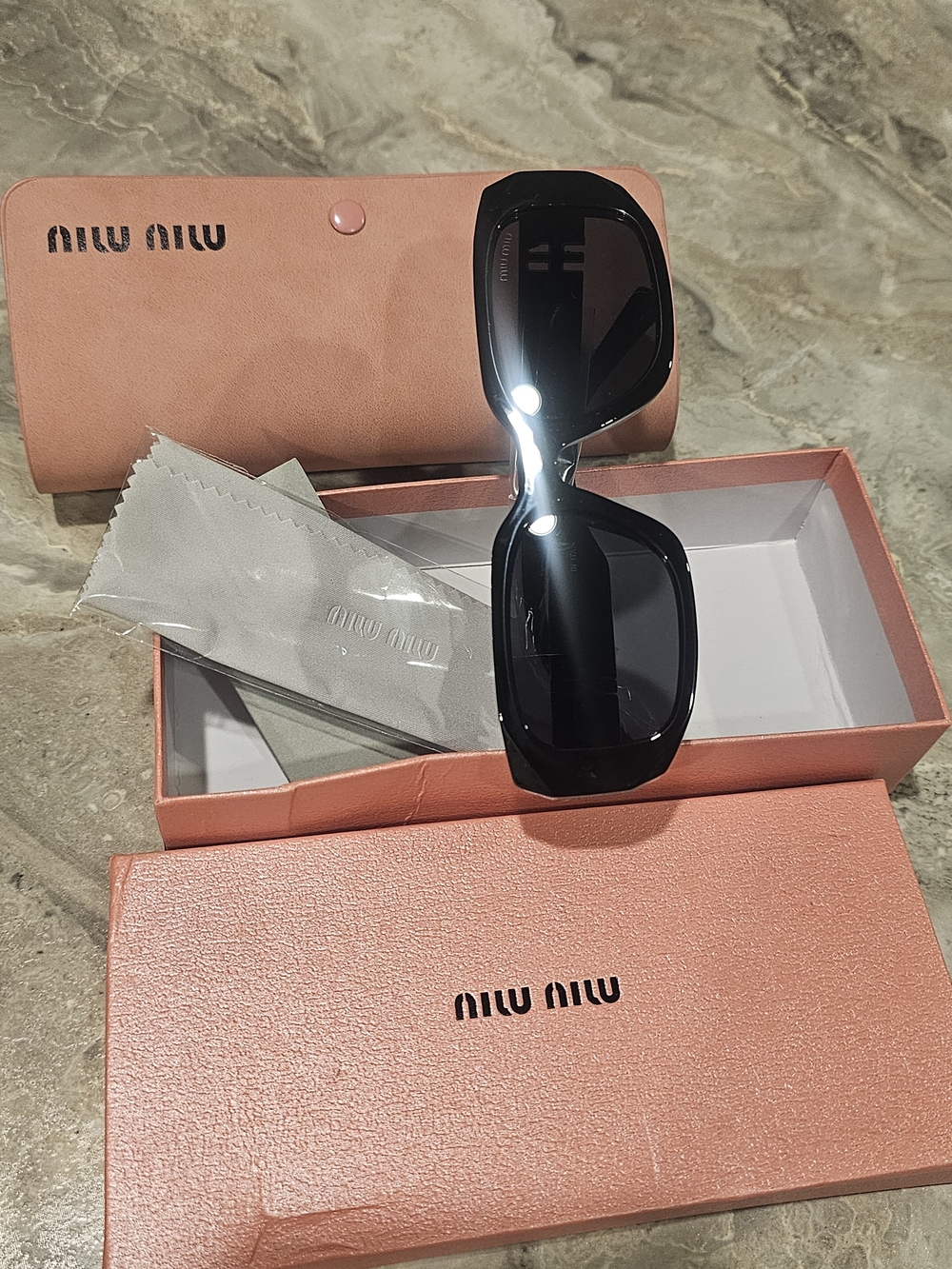 Miu Miu Black Rectangle Sunglasses with Gold Logo Accent - Picture 5 of 7